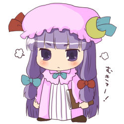 Rule 34 | 1girl, :&lt;, angry, blunt bangs, book, chibi, crescent, crescent moon, dress, female focus, full body, fume, hat, hitori osero, lowres, moon, mukyuu, patchouli knowledge, simple background, solo, standing, toto (hitori othello), touhou, white background