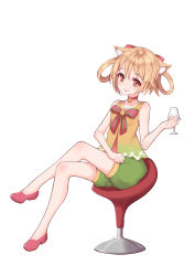 Rule 34 | 1girl, absurdres, animal ears, bare arms, bare shoulders, bell, blush, bow, brown hair, chair, choker, crossed legs, cup, drinking glass, full body, green shorts, hair bow, hanami dango (zzldango), high heels, highres, holding, holding cup, holding drinking glass, jingle bell, looking at viewer, original, pink footwear, puffy shorts, red bow, red choker, red eyes, ribbon, shorts, simple background, sitting, sleeveless, smile, solo, vest, white background