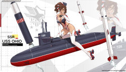 Rule 34 | 1girl, anti-ship missile, azur lane, ballistic missile, ballistic missile submarine, bgm-109 tomahawk, black headwear, breasts, brown hair, character name, cleavage, cluster bomb, cluster missile, cluster munition, cross-laced clothes, cross-laced one-piece swimsuit, cruise missile, cruise missile submarine, dishwasher1910, elbow gloves, full body, gloves, guided bomb, hair intakes, hand on own chest, highres, land-attack missile, large breasts, long hair, looking at viewer, missile, multiple independently targetable reentry vehicle, multiple re-entry vehicle, navel, nuclear submarine, ohio-class submarine, ohio (dishwasher1910), one-piece swimsuit, orange eyes, original, pinup (style), ponytail, precision-guided munition, riding, rudder footwear, shoes, solo, submarine, submarine-launched ballistic missile, submarine-launched cruise missile, surface-to-surface missile, swimsuit, thighhighs, thighs, torpedo, ugm-109 tomahawk, ugm-133 trident ii, watercraft, zoom layer