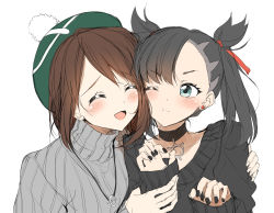 Rule 34 | 2girls, :d, ;t, ^ ^, absurdres, black choker, black hair, black nails, black sweater, blush, brown hair, cheek-to-cheek, choker, closed eyes, closed mouth, collarbone, creatures (company), earrings, game freak, gloria (pokemon), green headwear, grey sweater, hair ribbon, hat, heads together, highres, jewelry, long hair, long sleeves, marnie (pokemon), multiple girls, nail polish, nintendo, open mouth, pentagon (railgun ky1206), pokemon, pokemon swsh, red ribbon, ribbed sweater, ribbon, simple background, sketch, sleeves past wrists, smile, stud earrings, sweater, tam o&#039; shanter, turtleneck, turtleneck sweater, twintails, upper body, white background, yuri