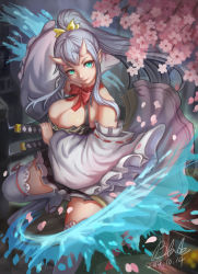 Rule 34 | 1girl, aqua eyes, bare shoulders, bow, breasts, cherry blossoms, cleavage, dated, detached sleeves, fighting stance, hair ribbon, horns, katana, large breasts, long hair, original, petals, ponytail, qblade, ready to draw, ribbon, signature, silver hair, skirt, smile, solo, sword, thighhighs, water, weapon, white thighhighs