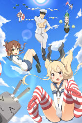 Rule 34 | &gt; &lt;, 10s, 1boy, 5girls, :3, absurdres, admiral (kancolle), aircraft, airplane, bad id, bad pixiv id, bare shoulders, bird, black panties, black socks, blonde hair, blue skirt, blue sky, blush, bow, brown eyes, brown hair, cantaloupe, closed eyes, covering crotch, covering privates, crop top, crossed legs, day, elbow gloves, falling, feet, folded ponytail, food, fruit, gloves, green hair, green skirt, hair bow, hairband, hat, hat over eyes, high ponytail, highres, i-168 (kancolle), i-19 (kancolle), inazuma (kancolle), japanese clothes, kantai collection, kneehighs, lens flare, loafers, long hair, long sleeves, looking at viewer, microskirt, midriff, military, military uniform, multiple girls, naval uniform, neckerchief, nedia (nedia region), no shoes, open mouth, panties, pantyhose, peaked cap, pleated skirt, pointing, pointing at viewer, ponytail, red hair, rensouhou-chan, sailor collar, school swimsuit, school uniform, seagull, serafuku, shimakaze (kancolle), shoes, skirt, skirt tug, sky, socks, soles, striped clothes, striped legwear, striped thighhighs, swimsuit, swimsuit under clothes, thighhighs, toes, torpedo, underwear, uniform, wavy mouth, white gloves, yuubari (kancolle), zuihou (kancolle)