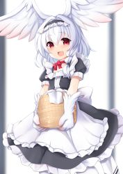 Rule 34 | 1girl, absurdres, apron, basket, blush, braid, carrying, choker, feathered wings, feathers, female focus, gloves, head wings, highres, kinomiki nobori, looking at viewer, maid, maid apron, maid headdress, open mouth, original, red eyes, red ribbon, ribbon, ribbon choker, solo, standing, white hair, wings