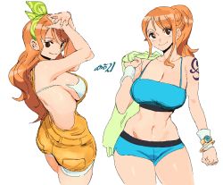 Rule 34 | 1girl, absurdres, artist name, bikini, bikini top only, bikini under clothes, black eyes, blue shorts, blue sports bra, breasts, cleavage, commentary, cowboy shot, from side, highres, large breasts, long hair, midriff, multiple views, nami (one piece), navel, one piece, one piece: stampede, orange hair, orange overalls, overalls, ponytail, shorts, simple background, smile, solo, sports bra, sweatband, swimsuit, tattoo, white background, white bikini, whoopsatro