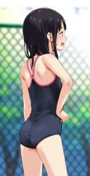 Rule 34 | 1girl, absurdres, ass, black hair, black one-piece swimsuit, blurry, brown eyes, chain-link fence, commentary request, competition school swimsuit, contrapposto, cowboy shot, depth of field, fence, from behind, hand on own hip, highres, kurebayashi asami, long hair, one-piece swimsuit, original, school swimsuit, solo, standing, swimsuit