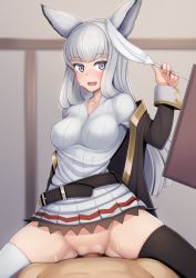 Rule 34 | 10s, 1girl, alfort (may0508), animal ears, asymmetrical legwear, belt, black thighhighs, blush, censored, clothed sex, covered erect nipples, cowgirl position, dress, feathers, girl on top, granblue fantasy, grey eyes, hetero, highres, korwa, long hair, looking at viewer, loose belt, mismatched legwear, mosaic censoring, open mouth, penis, pussy, ribbed dress, school uniform, sex, silver hair, smile, solo focus, straddling, thighhighs, vaginal, white thighhighs