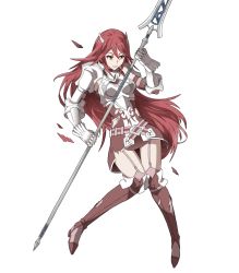 Rule 34 | 1girl, armor, belt, boots, breastplate, breasts, cordelia (fire emblem), dress, female focus, fire emblem, fire emblem awakening, fire emblem heroes, full body, garter straps, gauntlets, hair ornament, highres, holding, holding polearm, holding spear, holding weapon, injury, long hair, matching hair/eyes, medium breasts, nintendo, official art, polearm, red eyes, red hair, ryona, short dress, skirt, solo, spear, thigh boots, thighhighs, thighs, torn clothes, torn thighhighs, transparent background, ueda yumehito, weapon, zettai ryouiki