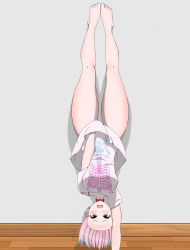 Rule 34 | 1girl, blush, covering privates, feet, forehead, frown, full body, handstand, highres, idolmaster, idolmaster cinderella girls, indoors, lycoris challenge (meme), meme, one arm handstand, oxicmar, parody, pink eyes, pink hair, scene reference, shirt, solo, t-shirt, thighs, upside-down, yumemi riamu