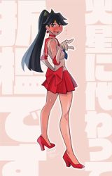 Rule 34 | 1girl, back bow, bad id, bad twitter id, beige background, bishoujo senshi sailor moon, black hair, blush, bow, brown eyes, callan (callancoe), cosplay, elbow gloves, flying sweatdrops, full body, gloves, high heels, houshou (kancolle), kantai collection, nose blush, open mouth, pleated skirt, pointing, ponytail, red bow, red footwear, red sailor collar, red skirt, sailor collar, sailor mars, sailor mars (cosplay), sailor senshi uniform, skirt, solo, wall of text, white gloves