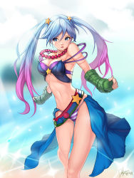 Rule 34 | 1girl, absurdres, arcade sona, arm warmers, bad id, bad perspective, bad pixiv id, bikini, blue hair, bra, breasts, cleavage, dduck kong, fingerless gloves, gloves, highres, jewelry, league of legends, legs, multicolored hair, navel, necklace, open clothes, open skirt, panties, skirt, solo, sona (league of legends), stomach, striped bikini, striped clothes, swimsuit, toned, twintails, two-tone hair, underwear