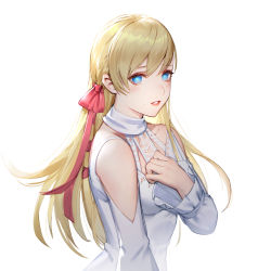 Rule 34 | 1girl, absurdres, bare shoulders, blonde hair, blue eyes, blush, clothing cutout, dress, eyelashes, final fantasy, final fantasy xiv, furrowed brow, hair ribbon, hand on own chest, highres, hyur, long hair, long sleeves, looking at viewer, parted lips, q18607, red lips, red ribbon, ribbon, ryne waters, shoulder cutout, simple background, solo, swept bangs, teeth, upper body, white background, white dress