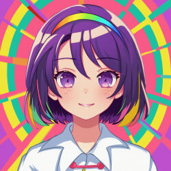 Rule 34 | 1girl, chunjiu, commentary, hairband, highres, looking at viewer, multicolored background, multicolored hairband, portrait, purple eyes, purple hair, short hair, smile, solo, star (symbol), tenkyuu chimata, touhou