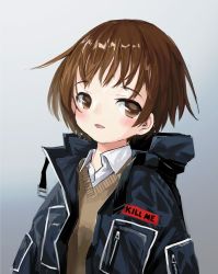 Rule 34 | 1girl, absurdres, bad id, bad twitter id, black jacket, blush, brown eyes, brown hair, brown vest, collared shirt, gishiki (gshk), highres, jacket, kill me baby, looking at viewer, oribe yasuna, shirt, smile, solo, sweater vest, upper body, vest, white shirt, wing collar