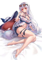 Rule 34 | 1girl, absurdres, arknights, bare legs, bare shoulders, bed sheet, black shorts, choker, commentary request, eyewear on head, hair ornament, hand up, hat, highres, inflatable orca, inflatable toy, long hair, looking at viewer, low-tied long hair, navel, off-shoulder shirt, off shoulder, official alternate costume, red eyes, revision, rj (lingshih10), sandals, shirt, short shorts, short sleeves, shorts, silver hair, sitting, skadi (arknights), skadi (waverider) (arknights), smile, solo, stomach, sun hat, sunglasses, thigh strap, thighs, unworn hat, unworn headwear, very long hair, whale hair ornament, white background, white hat, white shirt, yokozuwari