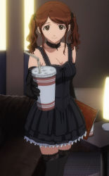 Rule 34 | 1girl, amagami, brown eyes, brown hair, choker, dress, drink, duplicate, elbow gloves, gloves, highres, nakata sae, screencap, solo, stitched, thighhighs, third-party edit, twintails, zettai ryouiki