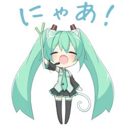 Rule 34 | 1girl, ^ ^, animal ears, arm up, blush, cat ears, cat tail, chibi, detached sleeves, closed eyes, fang, full body, green hair, hatsune miku, kemonomimi mode, leanbox, long hair, necktie, nyan, open mouth, sasakura momiji, simple background, skirt, solo, spring onion, tail, thighhighs, twintails, very long hair, vocaloid, white background