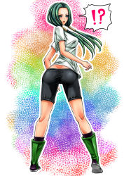 Rule 34 | !?, 1girl, alternate eye color, alternate hair color, artist request, ass, bike shorts, blush, breasts, butt crack, dragon ball, dragonball z, from behind, green eyes, green hair, hair tubes, highres, leg guard, long hair, looking at viewer, looking back, low twintails, matching hair/eyes, open mouth, shiny clothes, shiny skin, shirt, sideboob, solo, surprised, twintails, videl