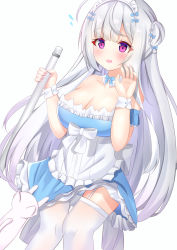 Rule 34 | 1girl, absurdres, alternate costume, apron, artist request, azur lane, bare shoulders, blush, braid, braided bun, breasts, cleavage, collar, cygnet (an offer to be maid) (azur lane), cygnet (azur lane), cygnet (an offer to be maid) (azur lane), detached collar, double bun, dress, enmaided, frilled apron, frills, garter straps, hair bun, highres, holding, holding mop, large breasts, long hair, looking at viewer, maid, maid apron, mop, purple eyes, simple background, sleeveless, sleeveless dress, solo, strapless, strapless dress, thighhighs, very long hair, white apron, white background, white collar, white hair, white thighhighs, wrist cuffs