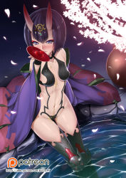 Rule 34 | 1girl, alcohol, black hair, blue eyes, blush, breasts, butter-t, cherry blossoms, cup, drinking, fate/grand order, fate (series), horns, looking at viewer, navel, onsen, partially submerged, patreon, patreon username, petals, petals on liquid, sakazuki, sake, short hair, shuten douji (fate), shuten douji (first ascension) (fate), sitting, small breasts, solo, spilling, thighhighs, tree, wakamezake, water, watermark, web address