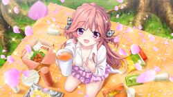 Rule 34 | 1girl, blanket, bow, breasts, cherry blossoms, chips (food), chopsticks, cleavage, clothes tug, collarbone, cup, dot nose, drink, film grain, foil, food, frilled skirt, frills, from above, game cg, grass, grey bow, haeno akari, hair bow, hanami, incoming drink, izumi tsubasu, layered skirt, lens flare, long hair, looking at viewer, medium breasts, non-web source, official art, on ground, open mouth, orange hair, outdoors, petals, picnic, picnic basket, pink skirt, plaid, plaid bow, plate, potato chips, purple eyes, re:stage!, shirt, sitting, skirt, smile, snack, solo, sparkle, thermos, tree, two side up, vegetable, wariza, white shirt