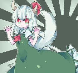 Rule 34 | 1girl, artist name, bad id, bad twitter id, bow, bright pupils, commentary request, cosmicmind, dated, dress, ex-keine, green background, green dress, green eyes, green hair, hands up, horn bow, horn ornament, horns, kamishirasawa keine, long hair, looking at viewer, multicolored eyes, one-hour drawing challenge, red bow, red eyes, red neckwear, short sleeves, smile, solo, sunburst, sunburst background, tail, touhou, upper body, white pupils