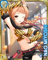 Rule 34 | 1girl, :o, black shorts, boots, bow, braid, brown eyes, brown hair, card, character name, collarbone, day, elbow gloves, girlfriend (kari), gloves, horns, indoors, long hair, miyoshi nao, official art, one eye closed, oni, oni horns, open mouth, orange sports bra, qp:flapper, shirt, shorts, solo, sports bra, standing, tagme, tiger stripes, yellow gloves