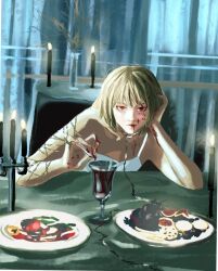 Rule 34 | 1other, alcohol, ambiguous red liquid, androgynous, bare shoulders, blonde hair, candle, candlestand, chain, chinyu11988612, dress, food, hand on own head, hunter x hunter, indoors, jewelry, kurapika, looking at viewer, red eyes, ring, short hair, sleeveless, solo, upper body, white dress, wine