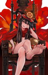 Rule 34 | 1girl, absurdres, armchair, barefoot, black hair, blush, cape, chair, convenient leg, crest, crossed legs, family crest, fate/grand order, fate (series), feet, flower, foot focus, hair between eyes, hair censor, hair over breasts, hand on own face, hat, hat ornament, head rest, head tilt, highres, long hair, looking at viewer, military hat, naked cape, naughty face, nude, oda nobunaga (fate), oda nobunaga (koha-ace), open mouth, peaked cap, red cape, red eyes, red flower, sitting, skull, smile, soles, solo, spread toes, ssamjang (misosan), toes