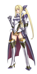 Rule 34 | 1girl, absurdres, ar tonelico, ar tonelico iii, armor, blonde hair, bow, clenched hand, clenched hands, high heels, highres, legs, long hair, long legs, nagi ryou, official art, open mouth, purple eyes, sakia-rumei, sakia lumei, shoes, solo, thighs