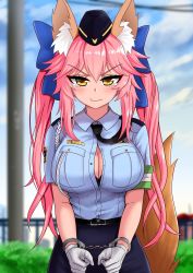 Rule 34 | 1girl, absurdres, animal ear fluff, animal ears, black neckwear, black skirt, blue bow, blue shirt, blue skirt, bow, bra, bra peek, breasts, cuffs, day, fate/extella, fate/extra, fate (series), female service cap, fox ears, fox girl, fox tail, gloves, hair bow, handcuffs, hat, highres, large breasts, long hair, official alternate costume, outdoors, pink hair, police, police hat, police uniform, policewoman, restrained, shirt, skirt, solo, tail, tamamo (fate), tamamo no mae (fate/extra), tamamo no mae (police fox) (fate), the only shoe, twintails, underwear, uniform, white gloves, yellow eyes