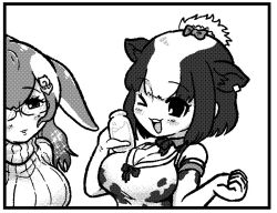 Rule 34 | &gt; o, 10s, 2girls, anchor hair ornament, blush, bow, breasts, character request, cleavage, elbow gloves, glasses, gloves, greyscale, hair bow, hair ornament, kemono friends, kotobuki (tiny life), large breasts, long hair, looking at another, monochrome, multicolored hair, multiple girls, one eye closed, open mouth, parted lips, short hair, smile, sweater, turtleneck, turtleneck sweater