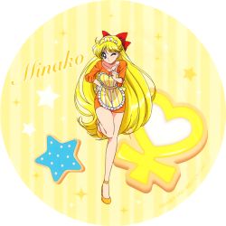 Rule 34 | 1990s (style), 1girl, aino minako, apron, bishoujo senshi sailor moon, blonde hair, blue eyes, character name, dress, full body, hand on own hip, headdress, heart, high heels, highres, index finger raised, long hair, looking at viewer, official art, one eye closed, orange dress, orange footwear, retro artstyle, sailor venus, short dress, solo, standing, standing on one leg, strappy heels, striped apron, striped clothes, venus symbol, very long hair, yellow theme
