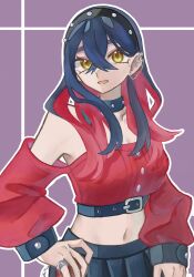 Rule 34 | 1girl, belt, black hairband, blue hair, carmine (pokemon), colored inner hair, commentary request, creatures (company), crop top, crossed bangs, ear piercing, eyelashes, game freak, hair between eyes, hairband, hatomugi tyatya, highres, jewelry, looking at viewer, midriff, mole, mole under eye, multicolored hair, navel, nintendo, off-shoulder shirt, off shoulder, open mouth, piercing, pokemon, pokemon sv, purple background, red hair, red shirt, ring, shirt, simple background, smile, solo, standing, two-tone hair, yellow eyes