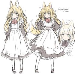 Rule 34 | animal ears, apron, black footwear, blonde hair, blush, bow, character name, character sheet, commentary, doyagao, fang, fox ears, fox girl, fox tail, fuwafuwa-chan (kamiyoshi rika), green eyes, hands on own hips, kamiyoshi rika, long hair, looking at viewer, looking away, maid, maid apron, mary janes, open mouth, original, pout, shoes, simple background, sketch, smile, smug, sparkle, standing, tail, thighhighs, white background, white legwear