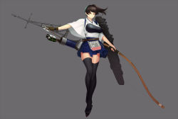 Rule 34 | 10s, 1girl, arrow (projectile), bow (weapon), breasts, brown eyes, brown hair, flight deck, gloves, highres, kaga (kancolle), kantai collection, muneate, partially fingerless gloves, partly fingerless gloves, short hair, side ponytail, simple background, solo, thighhighs, weapon, yugake, zealt