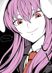 Rule 34 | ..., 1girl, absurdres, animal ears, black background, breasts, closed mouth, collared jacket, collared shirt, commentary, ddok, english commentary, eyelashes, grey jacket, hair between eyes, highres, jacket, long hair, long sleeves, looking at viewer, medium breasts, necktie, pocket, purple hair, rabbit ears, red eyes, red necktie, reisen udongein inaba, shirt, simple background, smile, solo, touhou, upper body, white shirt
