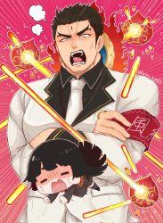 Rule 34 | 1boy, 1girl, aizen (housamo), anger vein, angry, armband, black hair, black shirt, chibi, closed eyes, collared shirt, commentary request, emphasis lines, facial mark, fangs, fangs out, floating, floating object, forehead mark, formal, full body, halo, halo behind head, highres, katou hsm153, laser, long hair, long sideburns, looking at viewer, muscular, muscular male, necktie, open mouth, pink background, protagonist 2 (housamo), red eyes, school uniform, shaded face, shirt, short hair, sideburns, skirt, suit, sweatdrop, thick eyebrows, tokyo houkago summoners, twitter username, upper body, white necktie, white suit