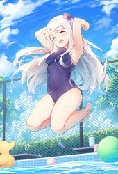 Rule 34 | 1girl, :d, ^ ^, armpits, arms up, bare arms, bare legs, bare shoulders, barefoot, black hat, blue one-piece swimsuit, blue sky, blush, breasts, chain-link fence, closed eyes, commentary request, covered navel, cup, day, drinking straw, fence, full body, hat, head tilt, highres, inflatable toy, jumping, long hair, medium breasts, mini hat, one-piece swimsuit, open mouth, original, outdoors, pool, school swimsuit, shenhai (2556146833), sky, smile, solo, swimsuit, tilted headwear, very long hair, water drop, white hair