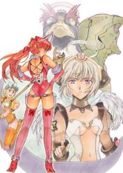 Rule 34 | 1boy, 2girls, adapted costume, alternate hair color, alternate hairstyle, androgynous, ass, ayanami rei, back, bare shoulders, bird, blue eyes, boots, bow, bow legwear, breasts, bridal gauntlets, brown hair, clothing cutout, cross, cross-laced clothes, crossdressing, detached collar, elbow gloves, emblem, eva 00, floating hair, from behind, gender request, genderswap, gloves, grey hair, hair bow, hair ornament, halo, hands on own hips, hat, headgear, high heel boots, high heels, holding, holding weapon, ikari shinji, interface headset, kneepits, kobayashi masakazu, legs, legs apart, leotard, light smile, long hair, looking at viewer, looking back, mecha, mini wings, multiple girls, navel cutout, neon genesis evangelion, no bra, open mouth, orange hair, orange legwear, outline, parted lips, penguin, penpen, pilot suit, pink legwear, plugsuit, ponytail, profile, purple eyes, red hair, robot, runes, see-through, shoes, short hair, short twintails, small breasts, smile, souryuu asuka langley, staff, standing, star (symbol), straddling, thigh boots, thighhighs, traitorous angel, traitorous angel 2, turtleneck, twintails, underboob, underboob cutout, weapon, white hair, wings