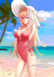 Rule 34 | 1girl, absurdres, armpits, azur lane, beach, blonde hair, breasts, cleavage, cross-laced clothes, cross-laced one-piece swimsuit, hat, highres, long hair, medium breasts, ocean, one-piece swimsuit, outdoors, palm tree, red eyes, red one-piece swimsuit, richelieu (azur lane), richelieu (fleuron of the waves) (azur lane), seafloor, solo, sun hat, swimsuit, thigh strap, tree, white hat, yuyuyu (yuyuyu ky)