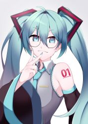 Rule 34 | 1girl, absurdres, ahoge, arm tattoo, bespectacled, black-framed eyewear, black sleeves, blue eyes, blue hair, blue nails, blue necktie, closed mouth, collared shirt, commentary request, detached sleeves, fingernails, glasses, grey shirt, hair between eyes, hair intakes, hair ornament, hatsune miku, highres, long bangs, long hair, looking at viewer, necktie, number tattoo, shirt, simple background, sleeveless, sleeveless shirt, smile, solo, tattoo, twintails, upper body, uziki ntoki, v, very long hair, vocaloid, white background, wide sleeves