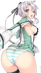 Rule 34 | 10s, 1girl, ;o, akitsushima (kancolle), ass, bad id, bad pixiv id, blush, breasts, clothes lift, covered erect nipples, earrings, from behind, hair ribbon, highres, jewelry, kantai collection, kuro chairo no neko, looking back, miniskirt, one eye closed, panties, purple eyes, ribbon, ribbon-trimmed skirt, ribbon trim, side ponytail, sideboob, silver hair, simple background, skirt, skirt lift, solo, striped clothes, striped panties, tongue, tongue out, twitter username, underwear, white background