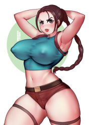 Rule 34 | 1girl, alternate breast size, armpits, arms behind head, arms up, artist name, bokuman, braid, braided ponytail, breasts, brown hair, curvy, lara croft, large breasts, lips, long hair, looking at viewer, messy hair, navel, parted lips, shiny skin, shirt, short shorts, shorts, simple background, standing, tank top, thighs, tomb raider, very long hair, wide hips