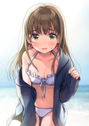 Rule 34 | 1girl, bikini, black jacket, blue bikini, breasts, brown hair, cowboy shot, day, diffraction spikes, earrings, frilled bikini, frills, front-tie bikini top, front-tie top, green eyes, halterneck, highres, jacket, jewelry, long hair, looking at viewer, open mouth, original, outdoors, shigure ui, small breasts, solo, sparkle, swimsuit, white bikini