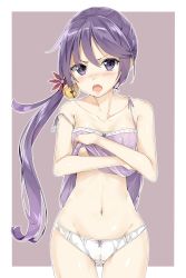 Rule 34 | &gt;:o, 10s, 1girl, :o, akebono (kancolle), bad id, bad pixiv id, bare shoulders, bell, blush, bow, bow panties, breasts, cameltoe, chemise, collarbone, covered erect nipples, cowboy shot, flower, groin, hair bell, hair flower, hair ornament, highres, jingle bell, kantai collection, long hair, looking at viewer, navel, nipples, nishimi shin, panties, purple hair, see-through, side ponytail, simple background, small breasts, solo, strap slip, thigh gap, underwear, v-shaped eyebrows, white panties