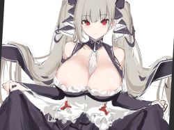 Rule 34 | 1girl, azur lane, bare shoulders, between breasts, black dress, blush, breasts, cleavage, curtsey, dress, formidable (azur lane), frilled dress, frills, grey hair, highres, large breasts, long hair, looking at viewer, red eyes, ribbon, ribbon between breasts, solo, spider apple, twintails, two-tone dress, two-tone ribbon, very long hair