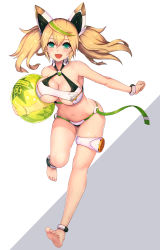 Rule 34 | 1girl, :d, ankle cuffs, anklet, ball, bare shoulders, barefoot, beachball, bikini, blonde hair, blush, bracelet, breasts, cleavage, criss-cross halter, fang, feet, full body, gene (pso2), gluteal fold, green eyes, hair between eyes, halterneck, headgear, highres, jewelry, large breasts, leaning forward, navel, nidy, non-web source, open mouth, phantasy star, phantasy star online 2, photo (medium), simple background, smile, soles, solo, sweat, swimsuit, thighlet, toes, twintails, white bikini