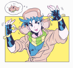 Rule 34 | 1boy, :3, animalization, battle tendency, blue eyes, blue hair, brown jacket, dog, fingerless gloves, gloves, gogeyama, green scarf, hat bobbles, hat flaps, highres, jacket, jojo no kimyou na bouken, male focus, scarf, solo, striped clothes, striped scarf, thought bubble, yellow scarf