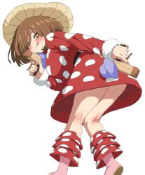 Rule 34 | 1girl, boku no hero academia, brown eyes, brown hair, closed mouth, dress, from below, gun, hat, highres, komori kinoko, licking lips, looking at viewer, looking back, mushroom, red dress, short hair, simple background, sincos, solo, symbol-shaped pupils, tongue, tongue out, weapon, white background, x-shaped pupils
