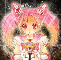 Rule 34 | 1990s (style), 1girl, bad id, bad pixiv id, bishoujo senshi sailor moon, bishoujo senshi sailor moon supers, chibi usa, child, choker, cone hair bun, double bun, earrings, elbow gloves, gloves, hair bun, hair ornament, heart, holding, jewelry, long hair, looking down, pink hair, pink theme, red eyes, retro artstyle, sailor chibi moon, sami (3a3i3a3i), sleeveless, solo, super sailor chibi moon, twintails, wand